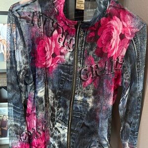 Pink and Denim look Artsy Print Sheer Embellished Zip Jacket